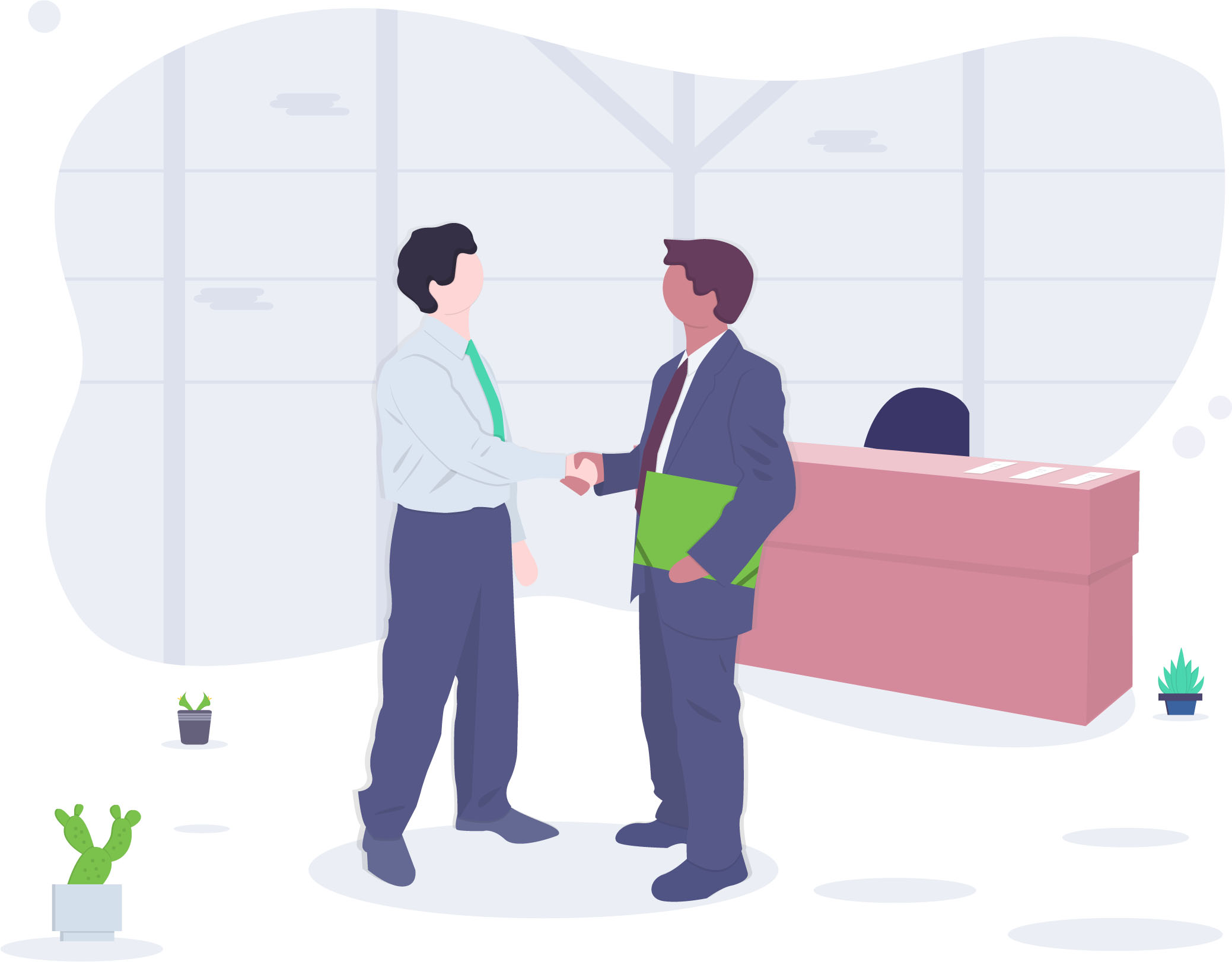 illustration of a businessman and customer shaking hands in an office