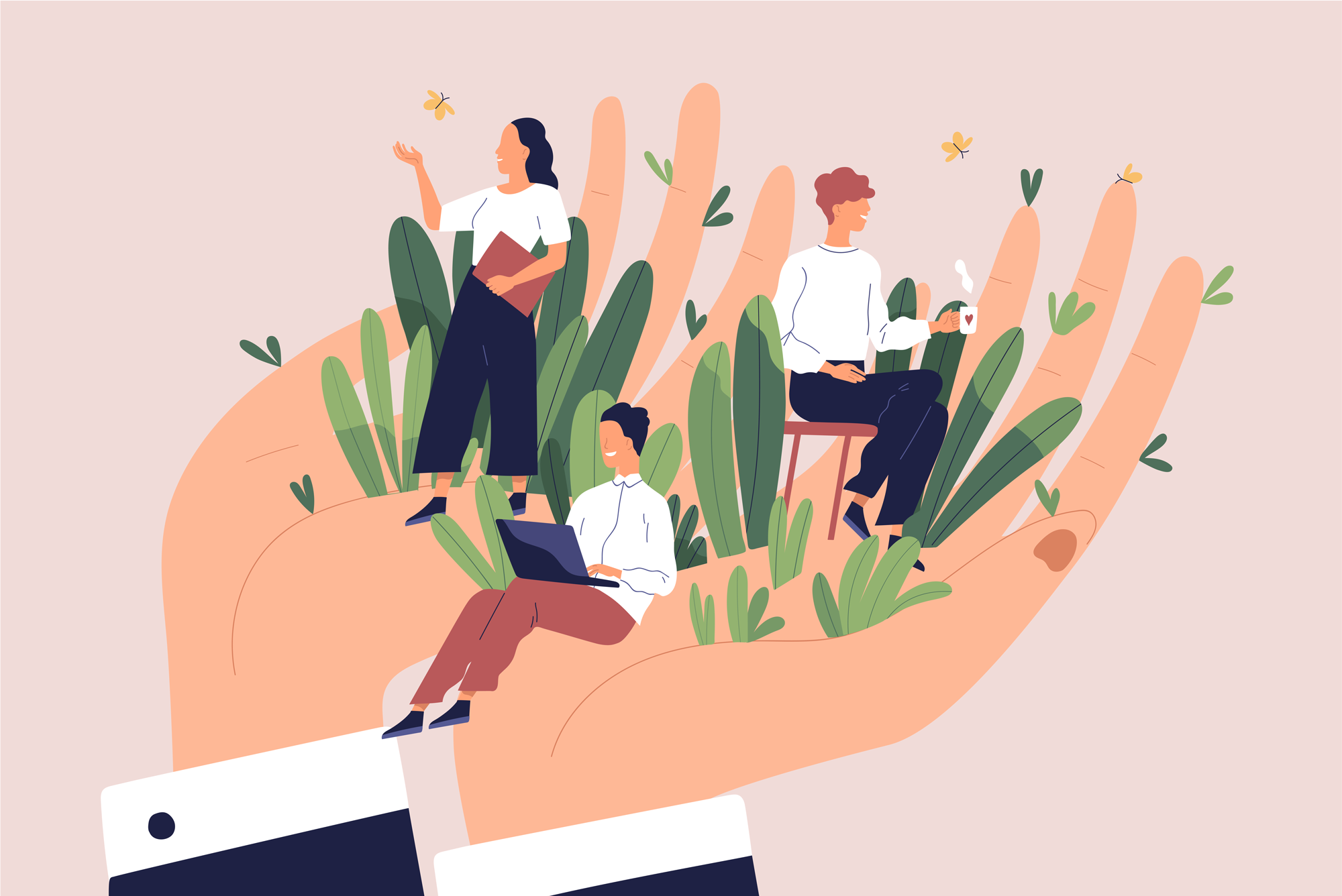 happy employees in the palm of a manager's hand with nature blooming