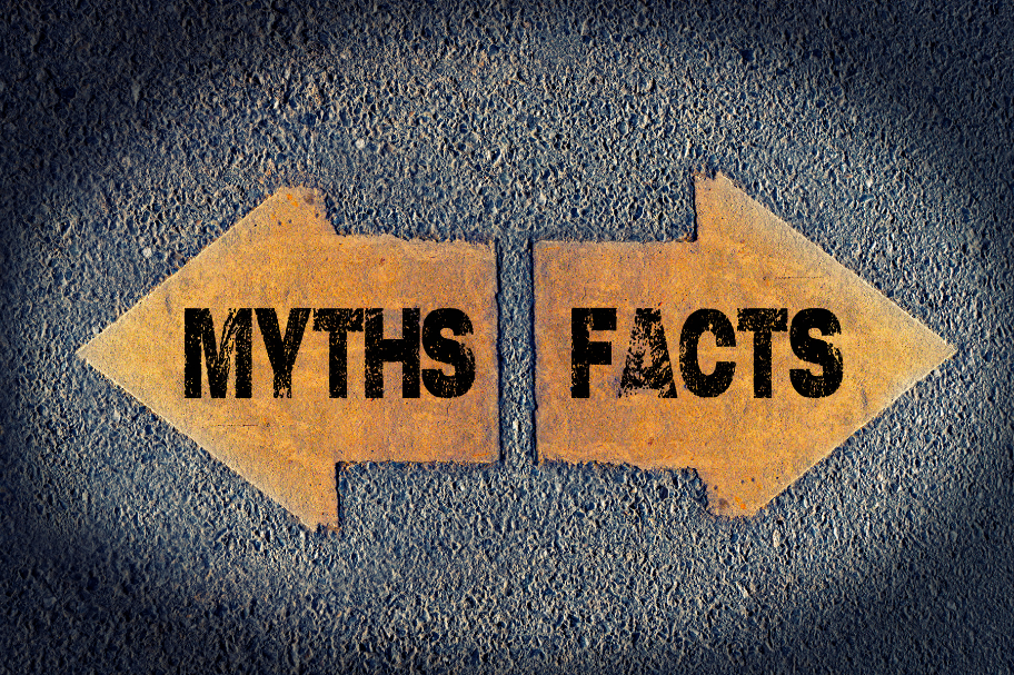 Two arrows pointing opposite of eachother with left saying myths and right says facts